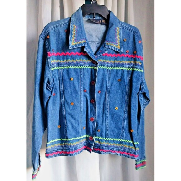 Vintage 90's Womens Embroidered Geometric Denim Jacket Collared XL New Direction - Picture 1 of 11